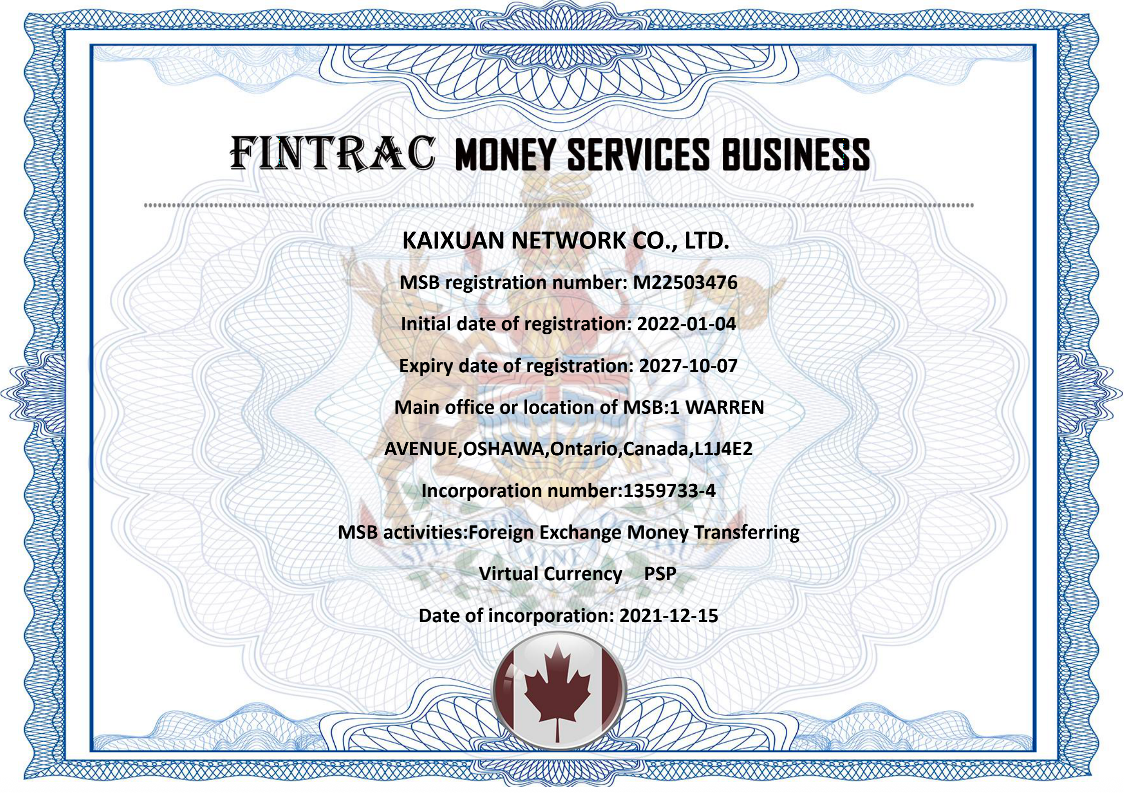 Canadian MSB financial license